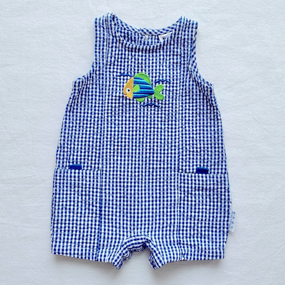 Healthtex Embroidered Fish Blue & White Cotton Seersucker Sleeveless Romper 3-6M
